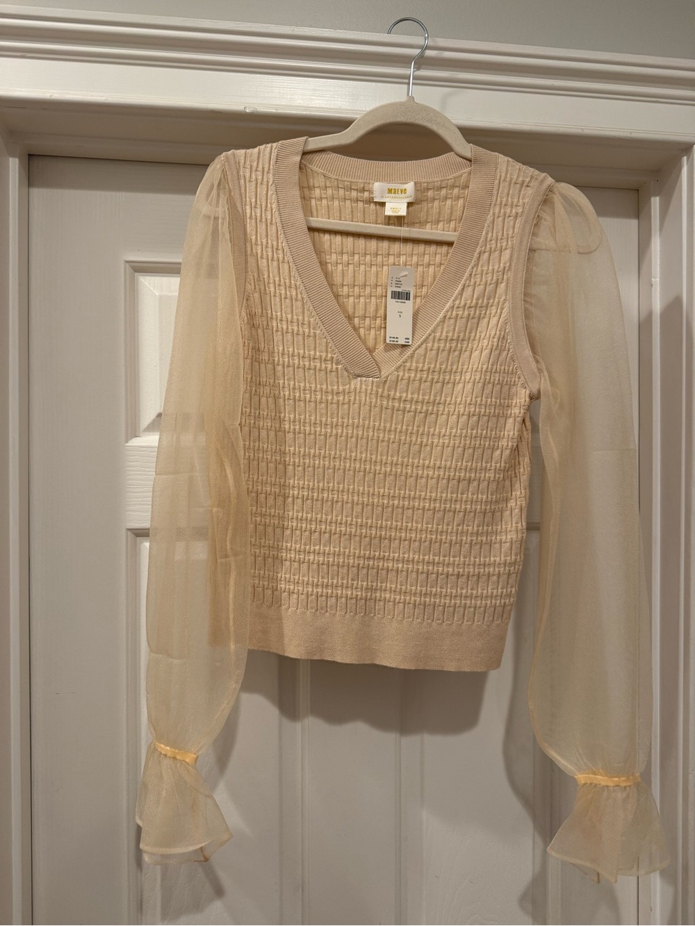 Anthropologie Cream V-Neck Knit Sweater with Sheer Puff Sleeves